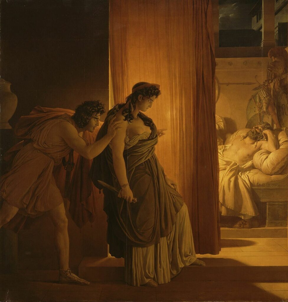 Clytemnestra hesitates before killing the sleeping Agamemnon.by Pierre Narcisse-Guerin (1817)