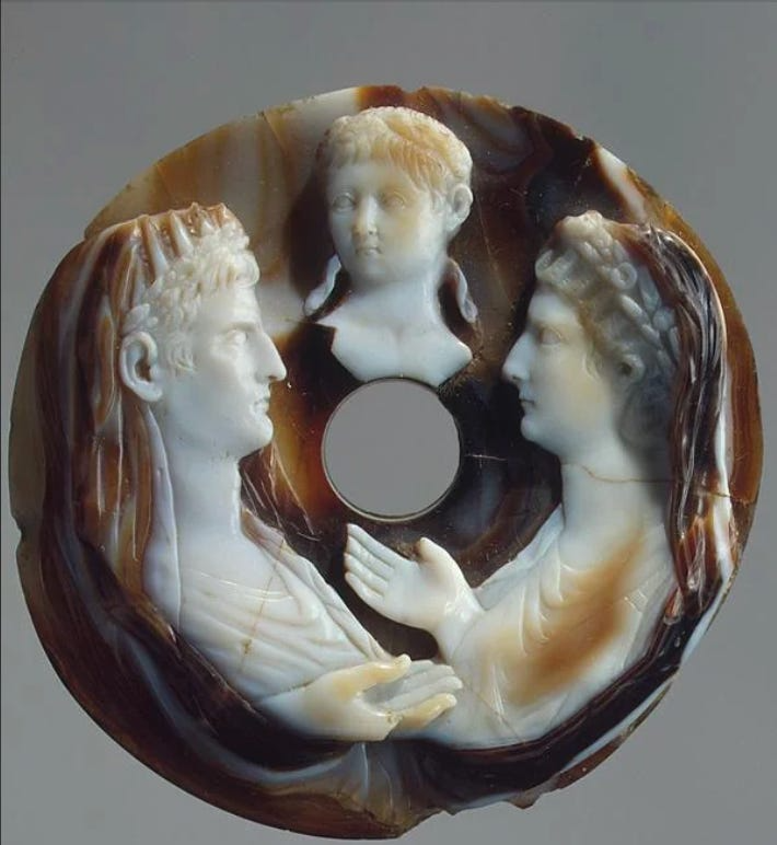 Cameo showing Augustus, Livia and young Nero. The object was created in the middle of the 1st century CE, during the reign of Nero (54-68 CE), Hermitage, St. Petersburg