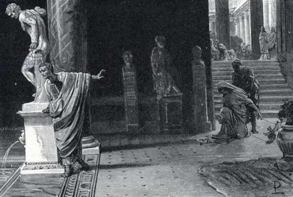 Emperor Augustus repudiating his daughter Julia Caesaris filia (or Julia Augusti filia) guilty of adultere, 2 BC "(Augustus decided on his daughter Julia's exile, arrested for adultery, 2 BC) Engraving from "Storia di Roma" by Francesco Bertolini Private Collection