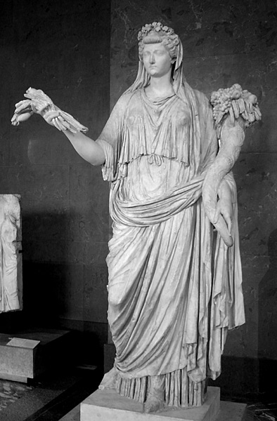 Livia Drusilla, standing marble sculpture as Ops, with wheat sheaf and cornucopia. Marble, Roman artwork, 1st century AD.
