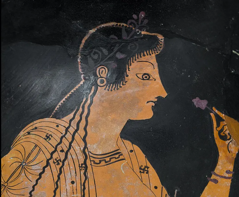 Briseis smelling a flower, red-figure pottery, ca. 520–510 BC, British Museum